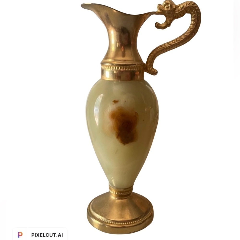 Vintage 1980 Chiseled Brass Onyx Dragon Handle Ewers Cambodia Pitcher Vase Gift - Picture 1 of 10